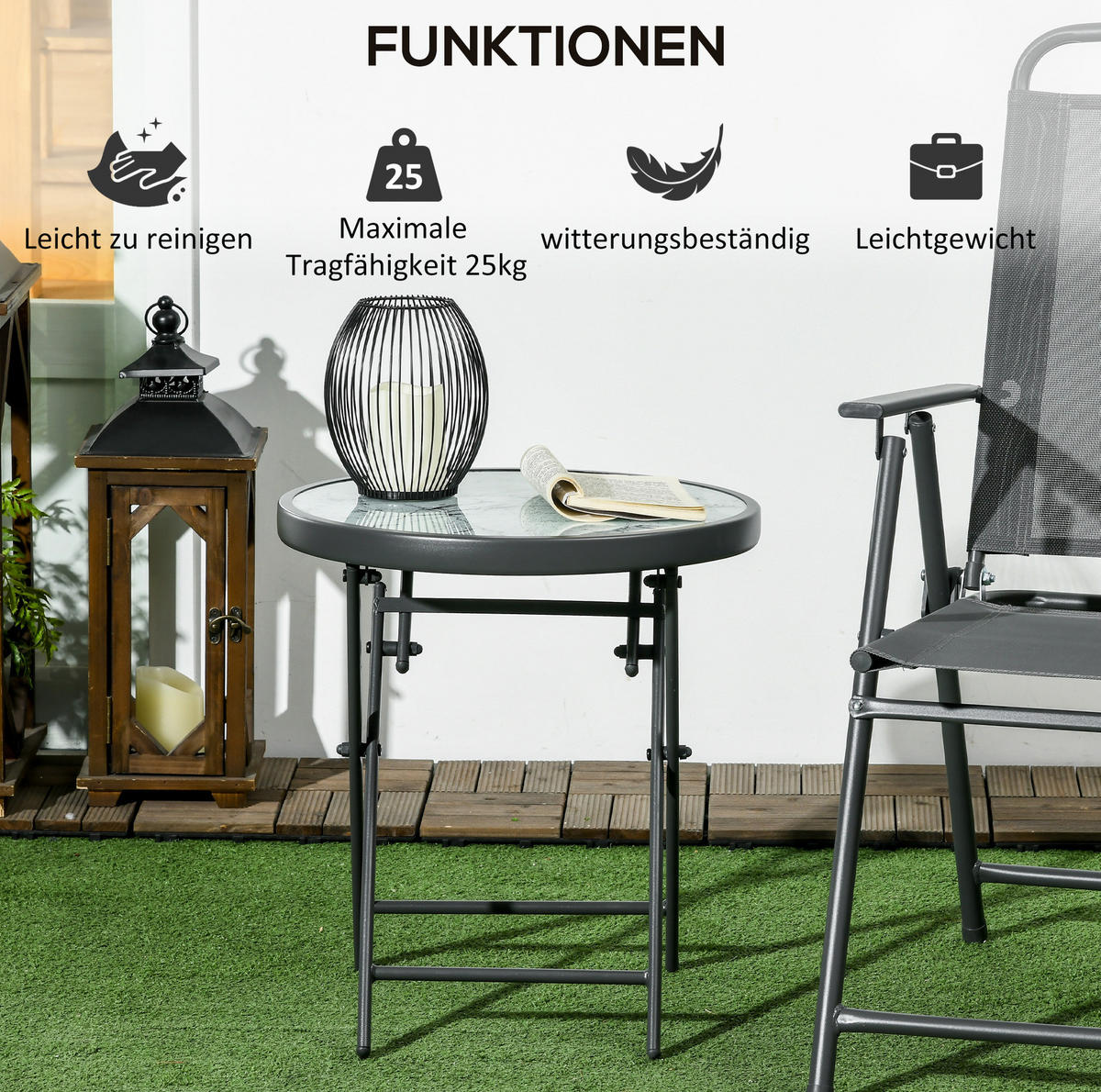 BEISTELLTISCH 45/45/50 cm weiß aus Glas klappbar für Outdoor - Weiß, Glas (45/45/50cm) - OKWISH