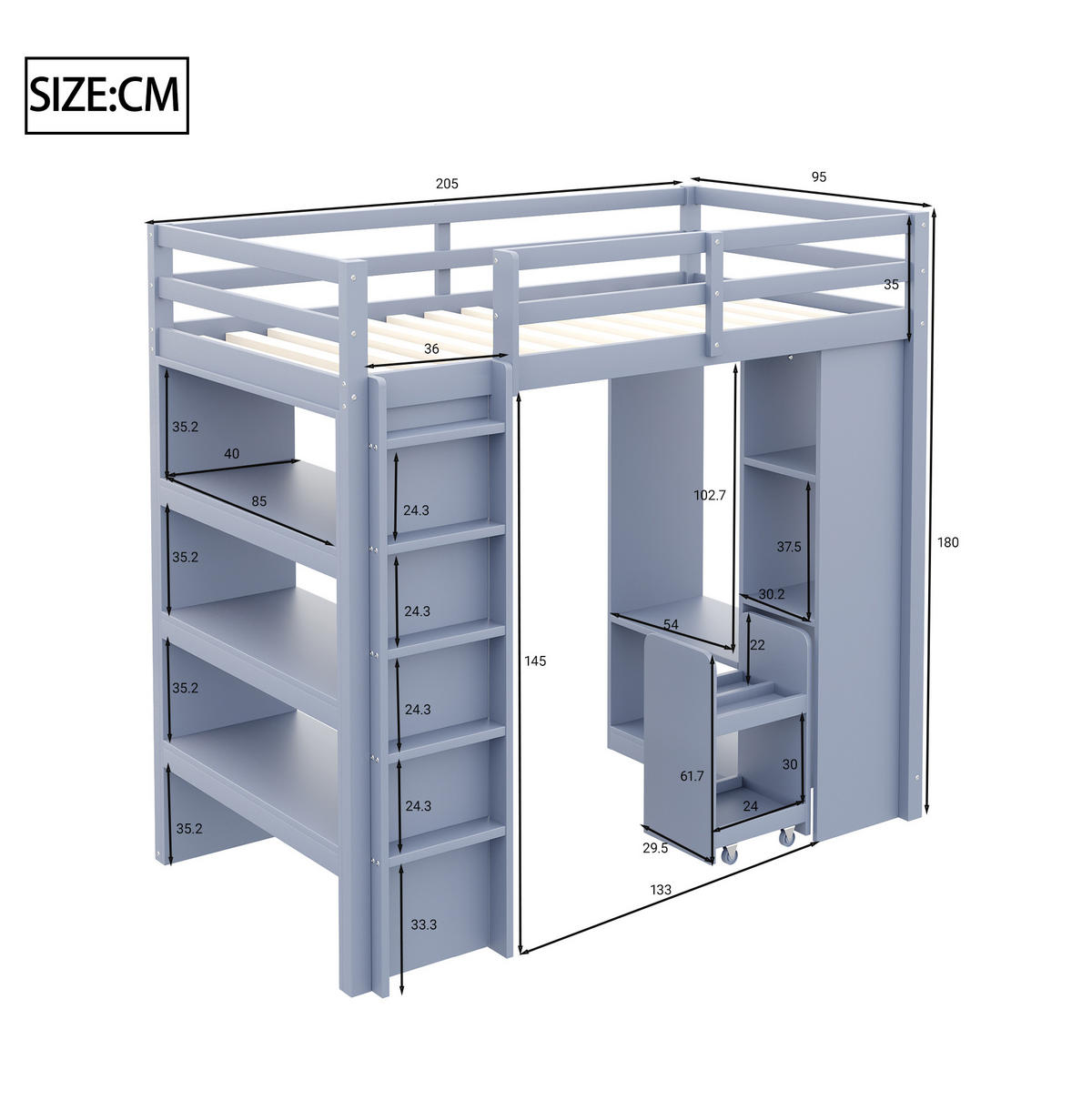 HOCHBETT aus 90x200 cm Grau mit Regalen, Kleiderstange und herausnehmbarem Rollwagen - Grau, Holzwerkstoff (90/190cm) - Modfu