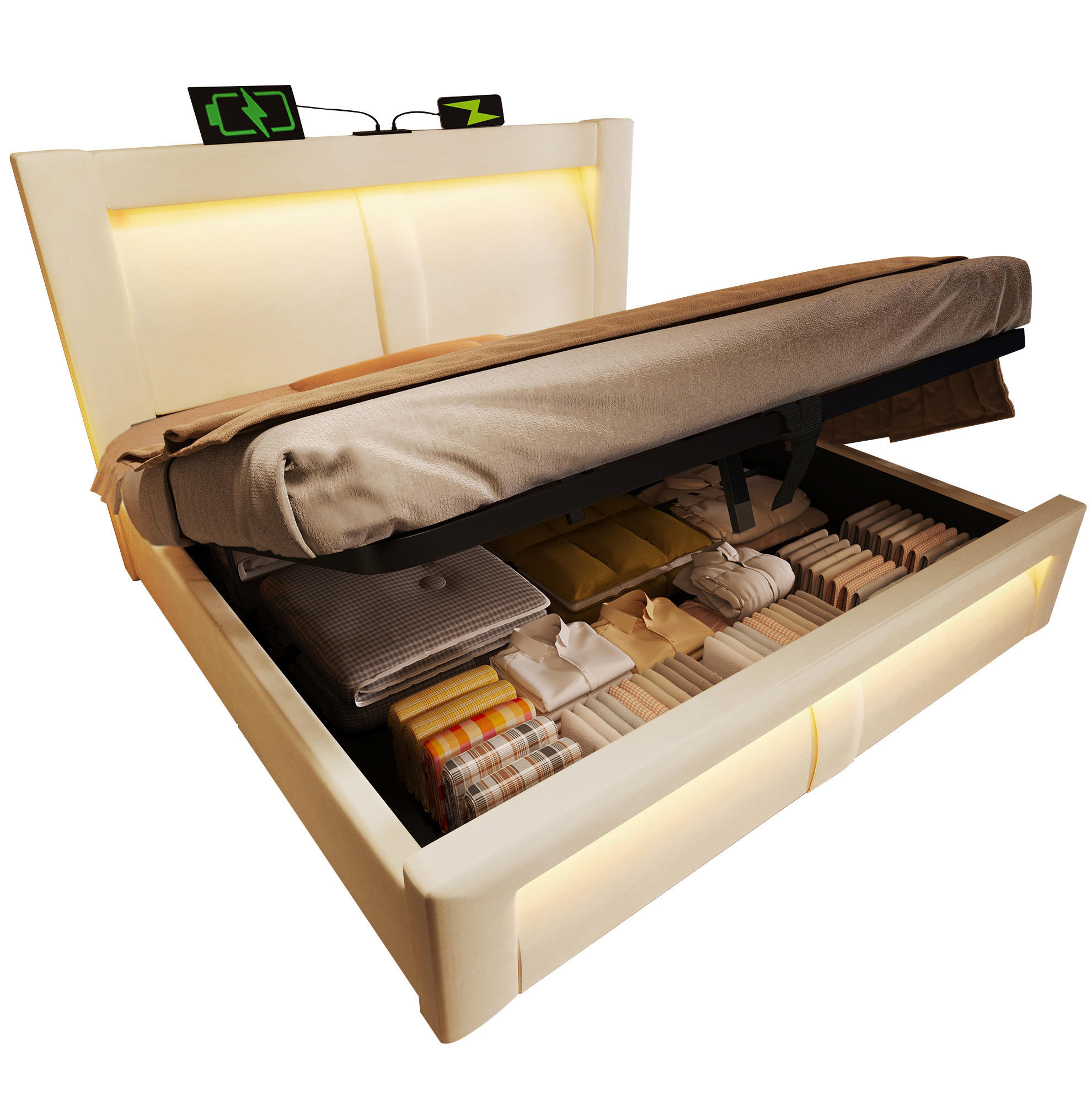 ČALOUNĚNÁ postel ze sametu 180x200 cm béžová s LED, USB a Type-C, hydraulickým úložným prostorem - béžová, textil (180/200cm) - Modfu