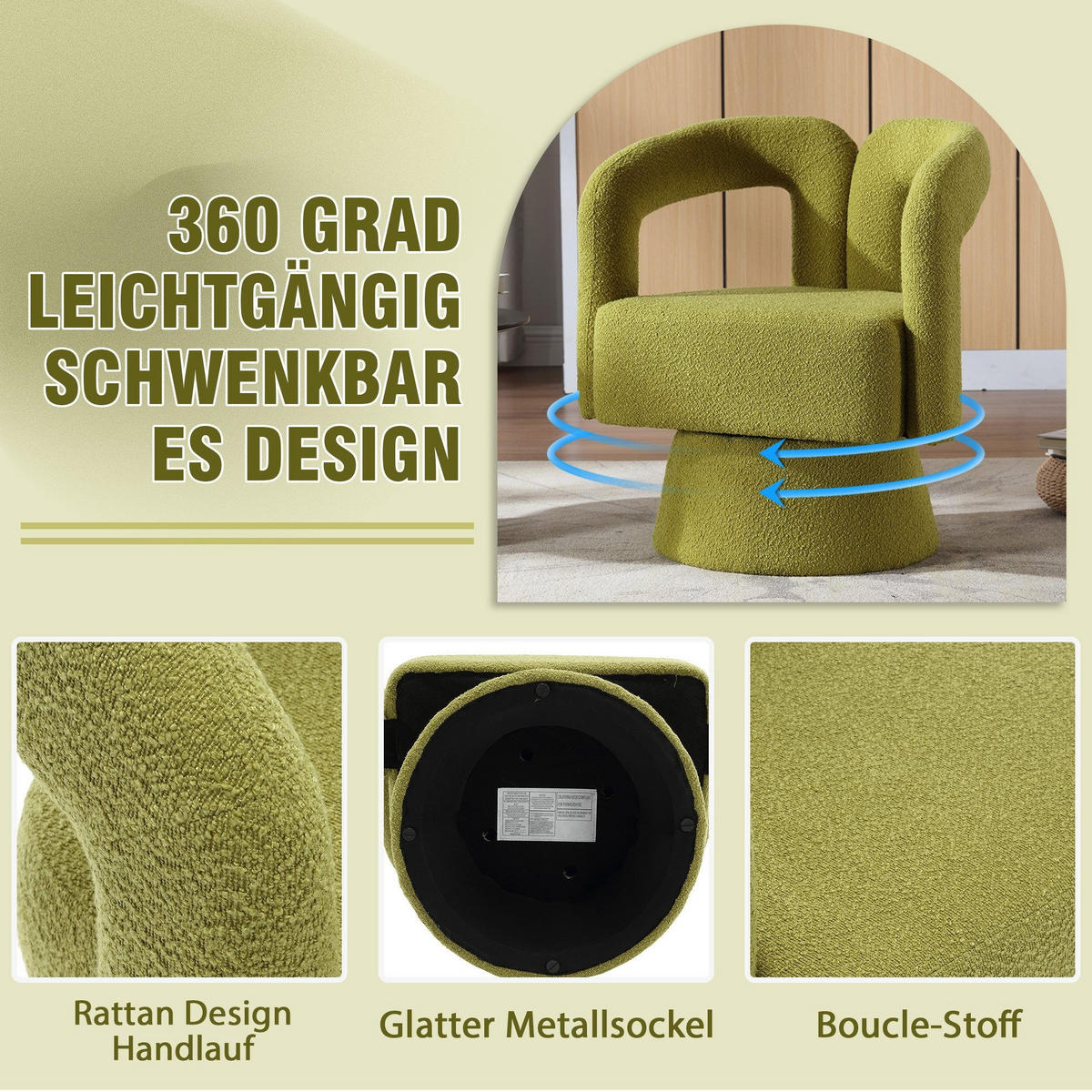 DREHSTUHL 360°Drehsessel Loungesessel mit Polsterung,Boucle,Hellgrün - Hellgrün, Textil (67/74/55cm) - LVHOM