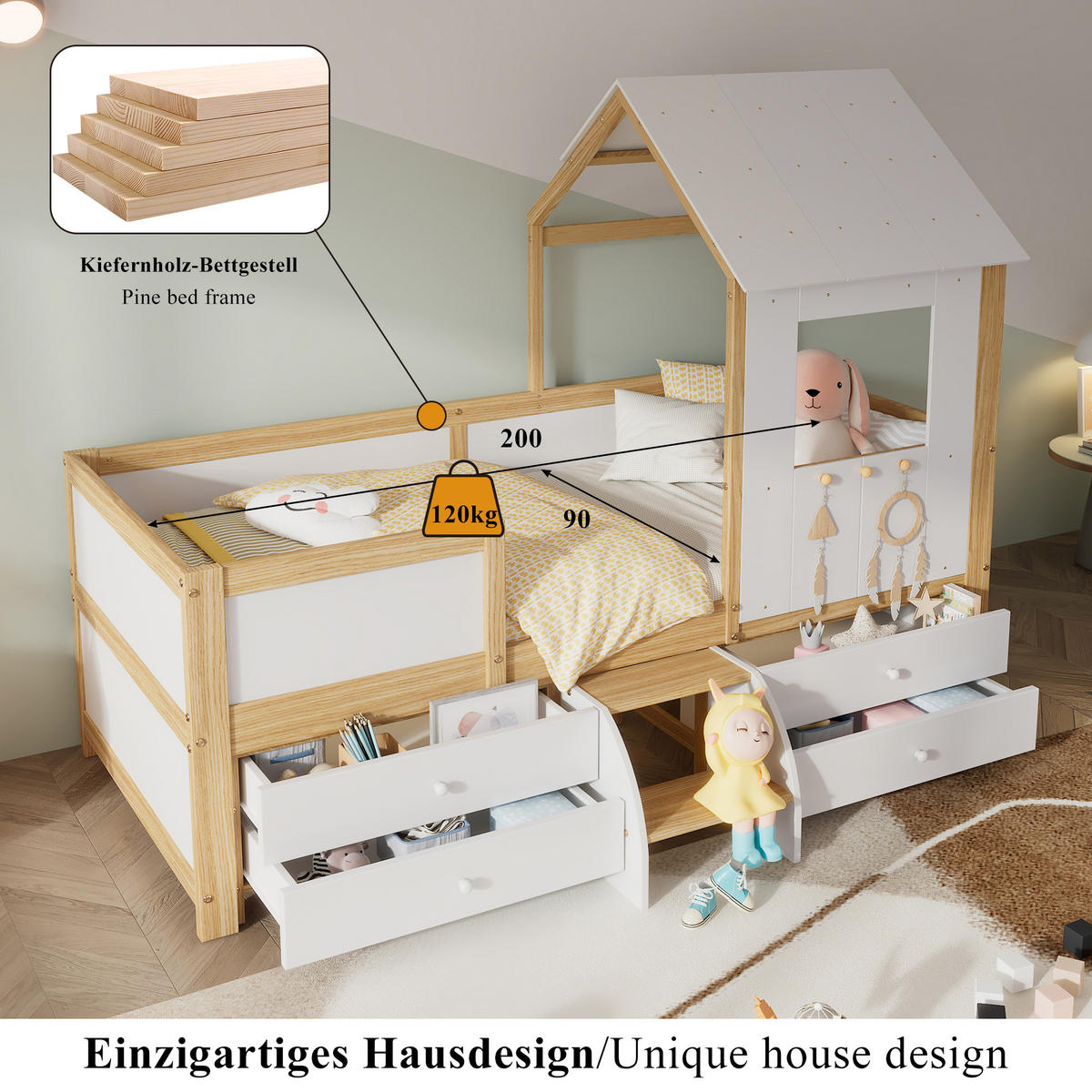 HAUSBETT 90/200 mit Dach, 4 Schubladen und kleiner Treppe in Weiß und Natur - Weiß/Naturfarben, Holzwerkstoff (90/200cm) - EVRYAE