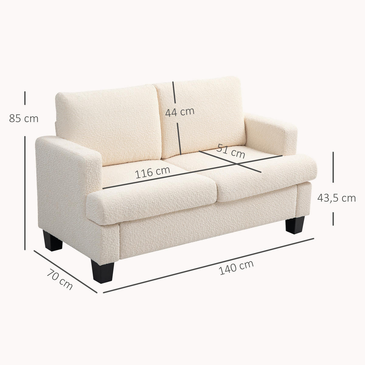 SOFA, 2-Sitzer, 120cm, Chenille-Bezug, abnehmbare Rückenkissen, beige - Multicolor, Holzwerkstoff (140/85/70cm) - FORIOUS