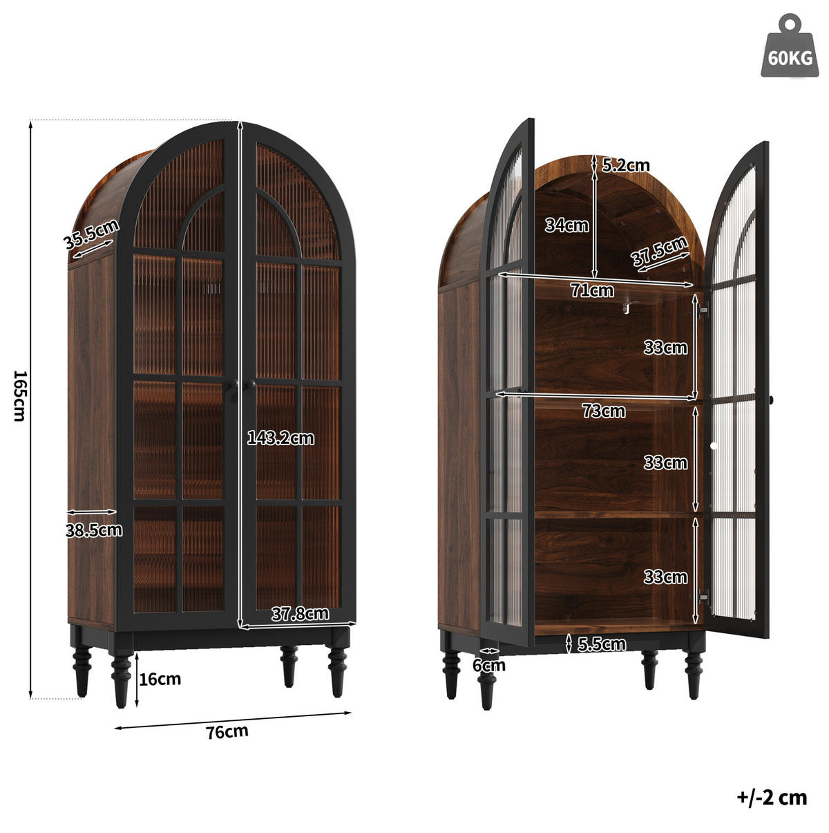 KOMMODE aus MDF 76x35.5x165cm in Schwarz mit Glastüren - Schwarz, Holzwerkstoff (76/76/35.5cm) - Modfu