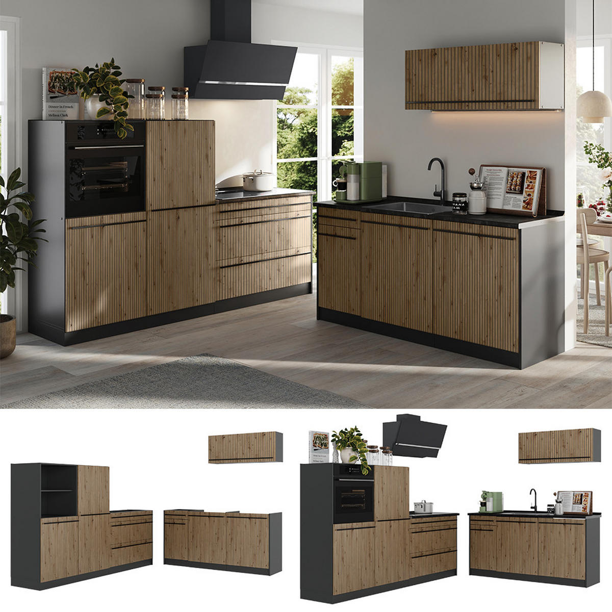 KUCHYŇSKÝ KOUT R-Line, Řemeslný dub/Antracit, 220 cm pracovná doska Mramor - antracitová/dub artisan, kompozitní dřevo (220/143/60cm) - Vicco