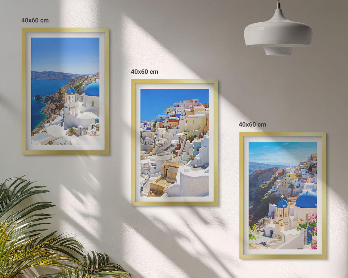 WANDBILDER 3er Set - 40x60 cm Goldrahmen - Landschaftsarchitektur Oia Santorini - Goldfarben, Kunststoff (40/60cm) - ArtPrintCave