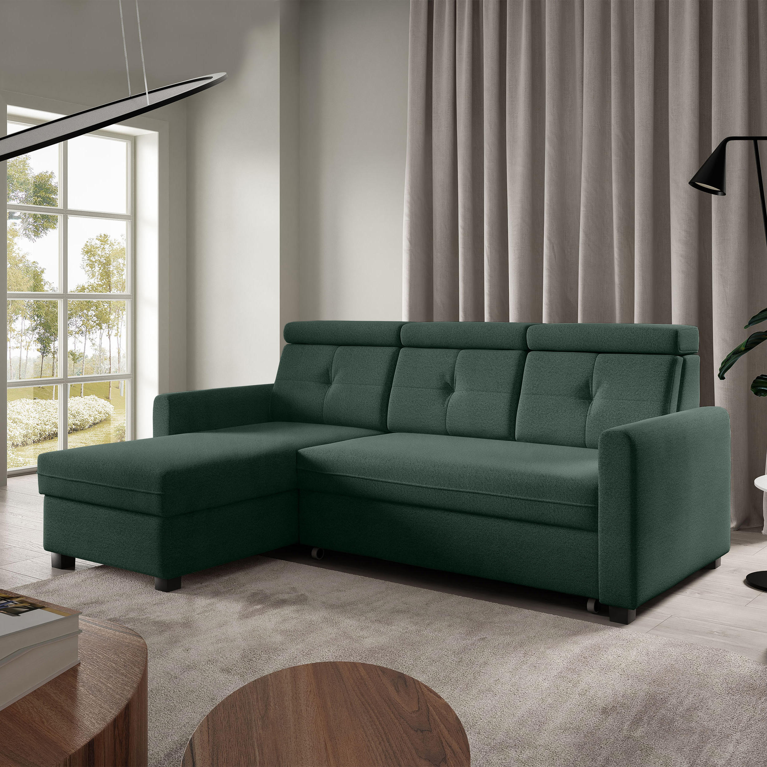 ECKSCHLAFSOFA Milano, Dunkelgrün, links - Dunkelgrün/Schwarz, Textil (217/166cm) - Beautysofa