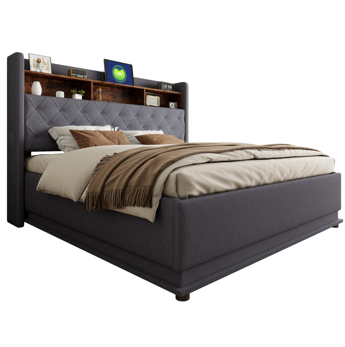 POLSTERBETT aus Stoff 180x200 cm Grau mit LED-Beleuchtung, USB-Anschluss und hydraulischem Stauraum - Grau, Textil (180/200cm) - IVMEU
