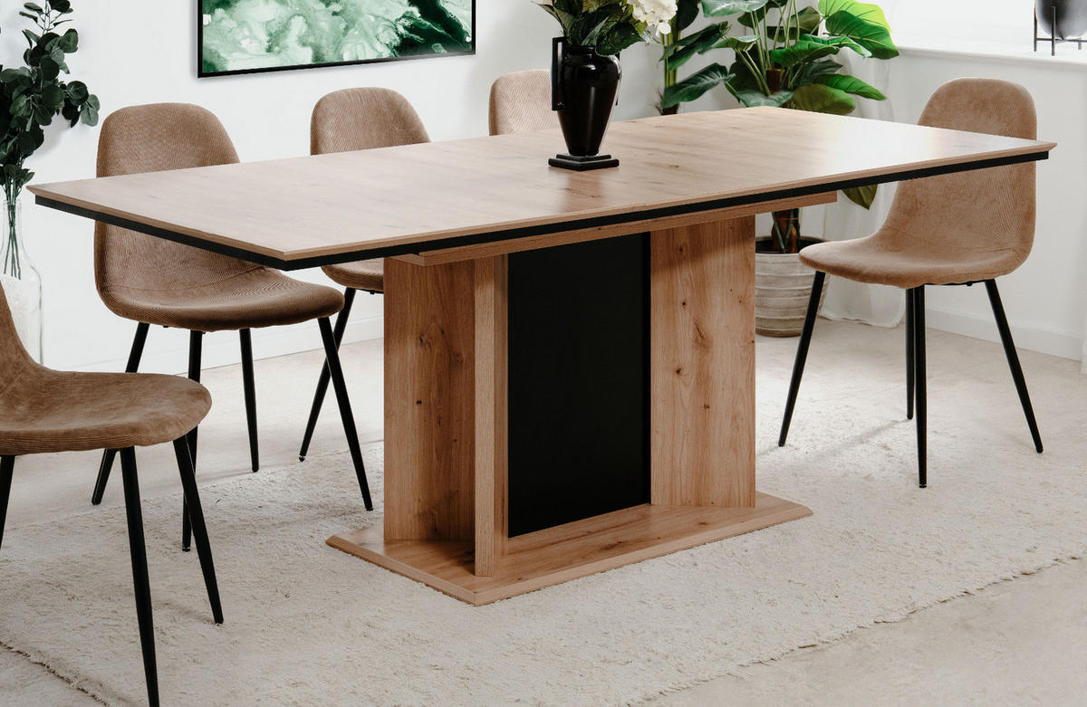 ESSTISCH Eiche Artisan, schwarz, Säulentisch ausziehbar 160 - 200 x 90 cm - Schwarz/Eiche Artisan, Holzwerkstoff (160/90/76cm) - Furn.Design