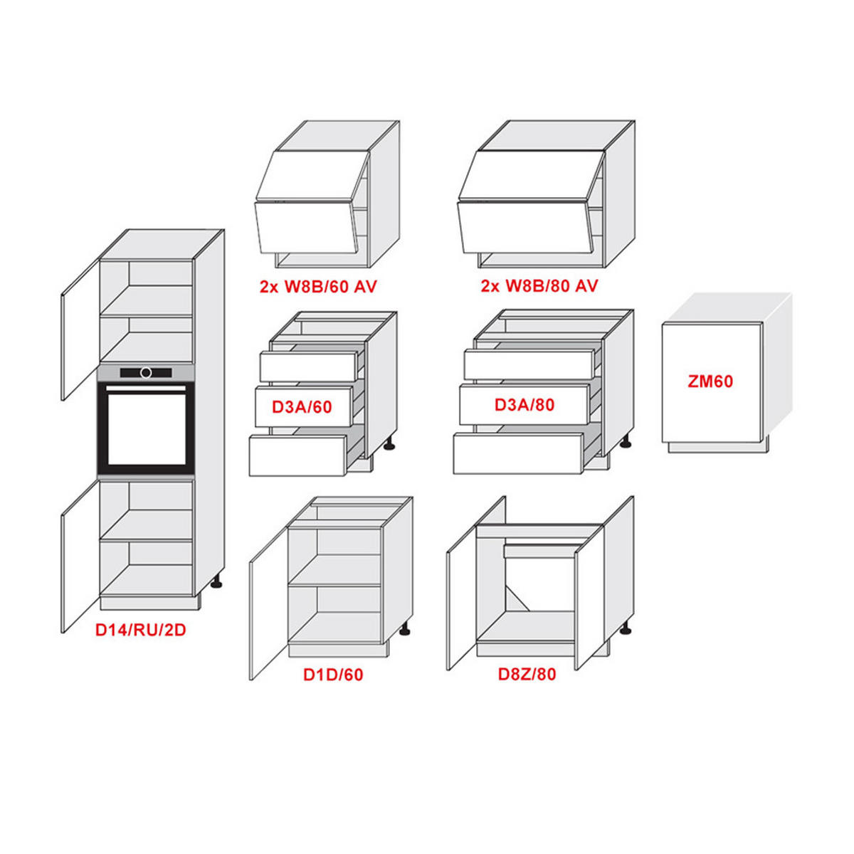 KÜCHENLEERBLOCK Kvantum weiß matt / dust grey matt, Arbeitsplatte Eiche Sonoma 400 / 60 / 207cm 10-teilig - Braun/Grau, Holzwerkstoff/Metall (400/207/60cm) - Feldmann-Wohnen