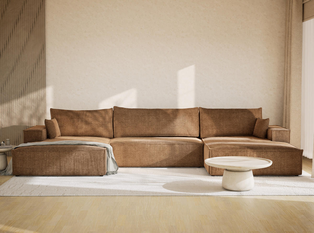 WOHNLANDSCHAFT Kyoto Hellbraun Chenille-Stoff - Hellbraun/Schwarz, Holz/Holzwerkstoff (398/70/148cm) - Maison de Reve