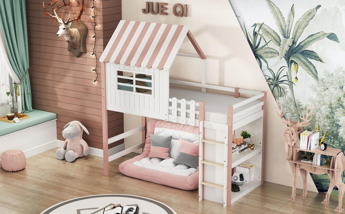 HOCHBETT 90/200 cm Rosa aus Massivholz mit Sicherheitsleiter - Pink, Holz (90/200cm) - OKMYHOME