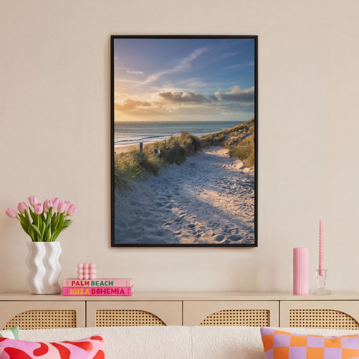 LEINWAND Bilder mit Rahmen - Sonnenuntergang - Strand - Düne - Gras - Ufer - 60x90 - Sandfarben, Textil (60/90cm) - MuchoWow