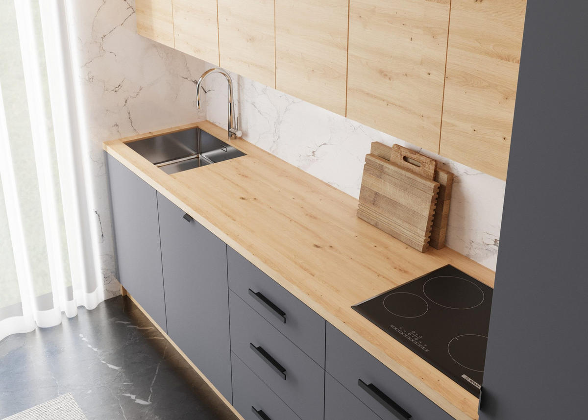 KÜCHENZEILE 360 cm - Nexa K50-G360 - in Grau & Woodline / Matt - Schwarz/Eiche Artisan, Holz/Metall (360/212/582cm) - ROYAL24_MARKT