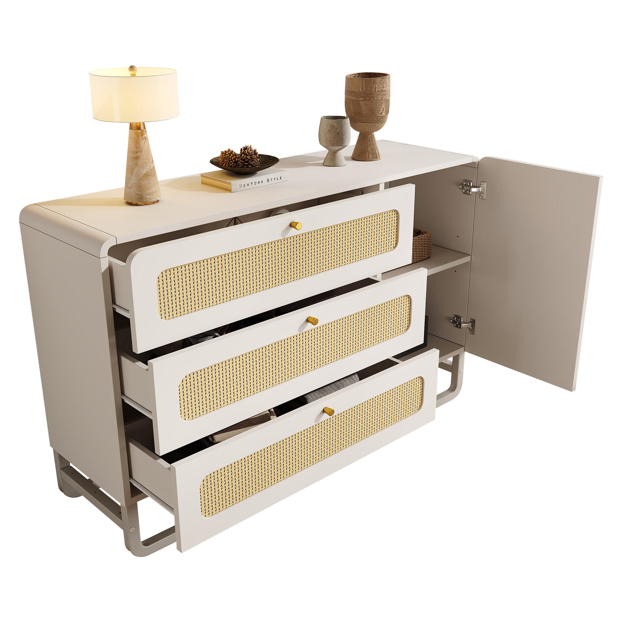 KOMMODE in Weiß Rattan-Sideboard mit Schubladen und Goldgriffen für Wohnzimmer, B120/T40/H85 cm - Weiß/Naturfarben, Holzwerkstoff/Metall (120/85/40cm) - STILVORA