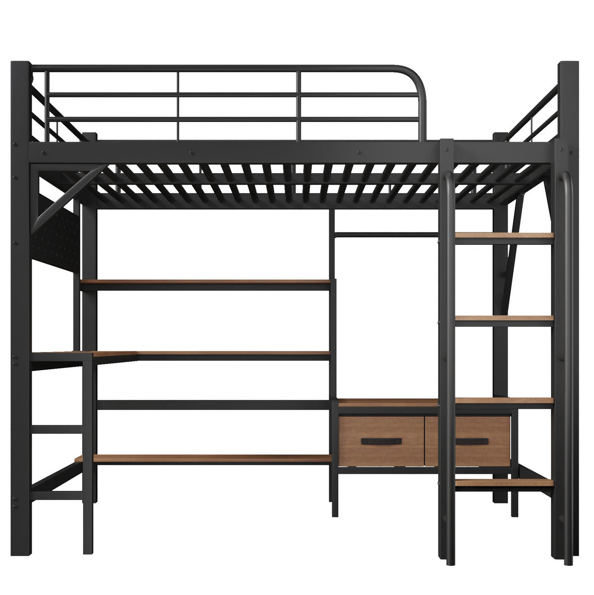 HOCHBETT aus Metall und MDF 140x200 cm Schwarz mit Schreibtisch, LED-Lichtleiste, USB und Stauraum - Schwarz, Holzwerkstoff (140/200cm) - Modfu