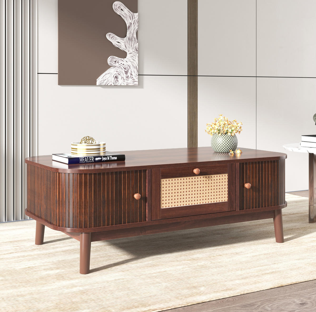 COUCHTISCH mit Rattan-Optik, Schubladen & Schiebetüren, MDF-Korpus, Massivholzbeine, 110/55/38,5 cm,Naturfarben - Naturfarben, Holzwerkstoff (55/110/38.5cm) - Redom