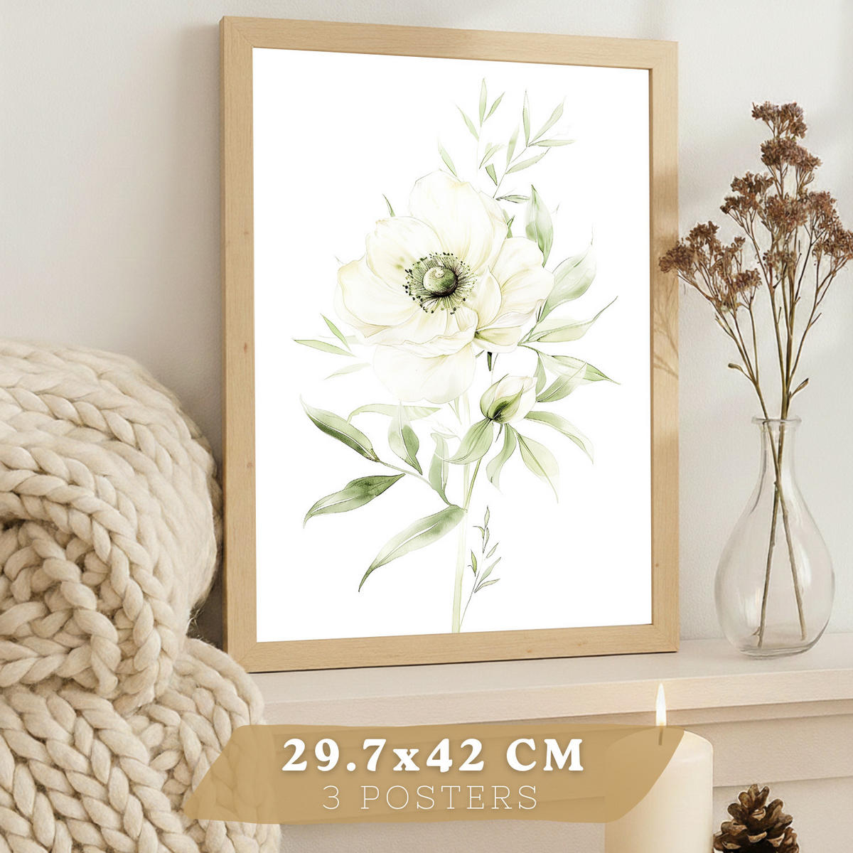 PLAKAT Sada 3 botanických tisků Zelenobílé květy. Akvarelové plakáty rostlin v jemných zelených tónech Obrázky. Rám z lehkého dřeva velikosti A3 - béžová, papír (29.7/42/3cm) - Nacnic