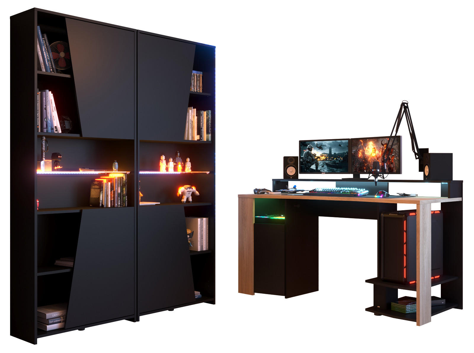 SCHREIBTISCHKOMBINATION schwarz, Eiche, Gamingtisch und Schrank inklusive LED-Beleuchtung - Eichefarben/Schwarz, Holzwerkstoff/Metall (62/286/180cm) - Parisot Meuble