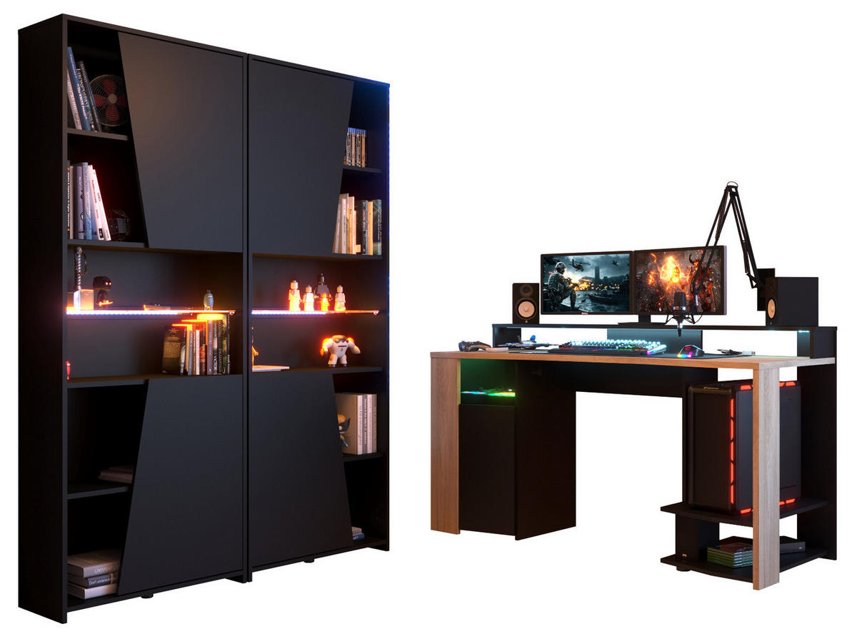 SCHREIBTISCHKOMBINATION schwarz, Eiche, Gamingtisch und Schrank inklusive LED-Beleuchtung - Eichefarben/Schwarz, Holzwerkstoff/Metall (62/286/180cm) - Parisot Meuble