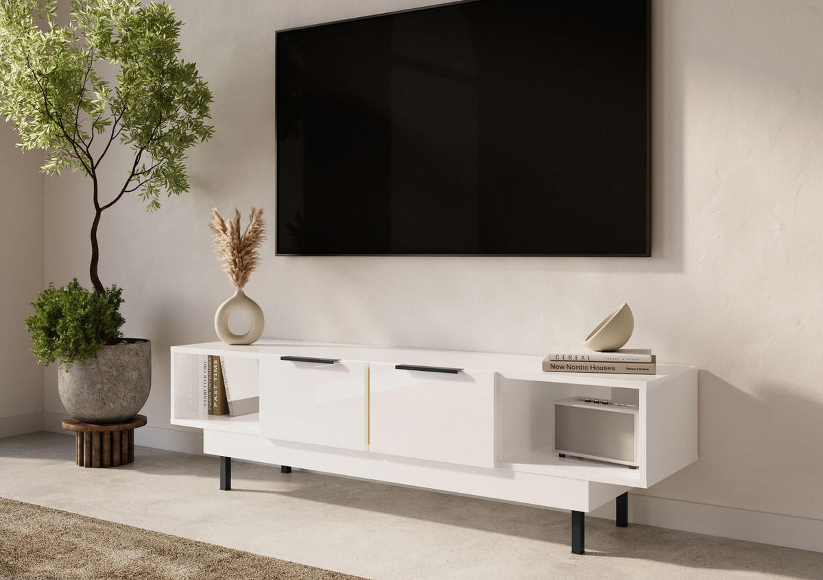 LOWBOARD Artemisa Weiß, goldener Akzent, Hochglanz - Schwarz Hochglanz/Weiß, Holzwerkstoff/Metall (163/46/42cm) - Dancan