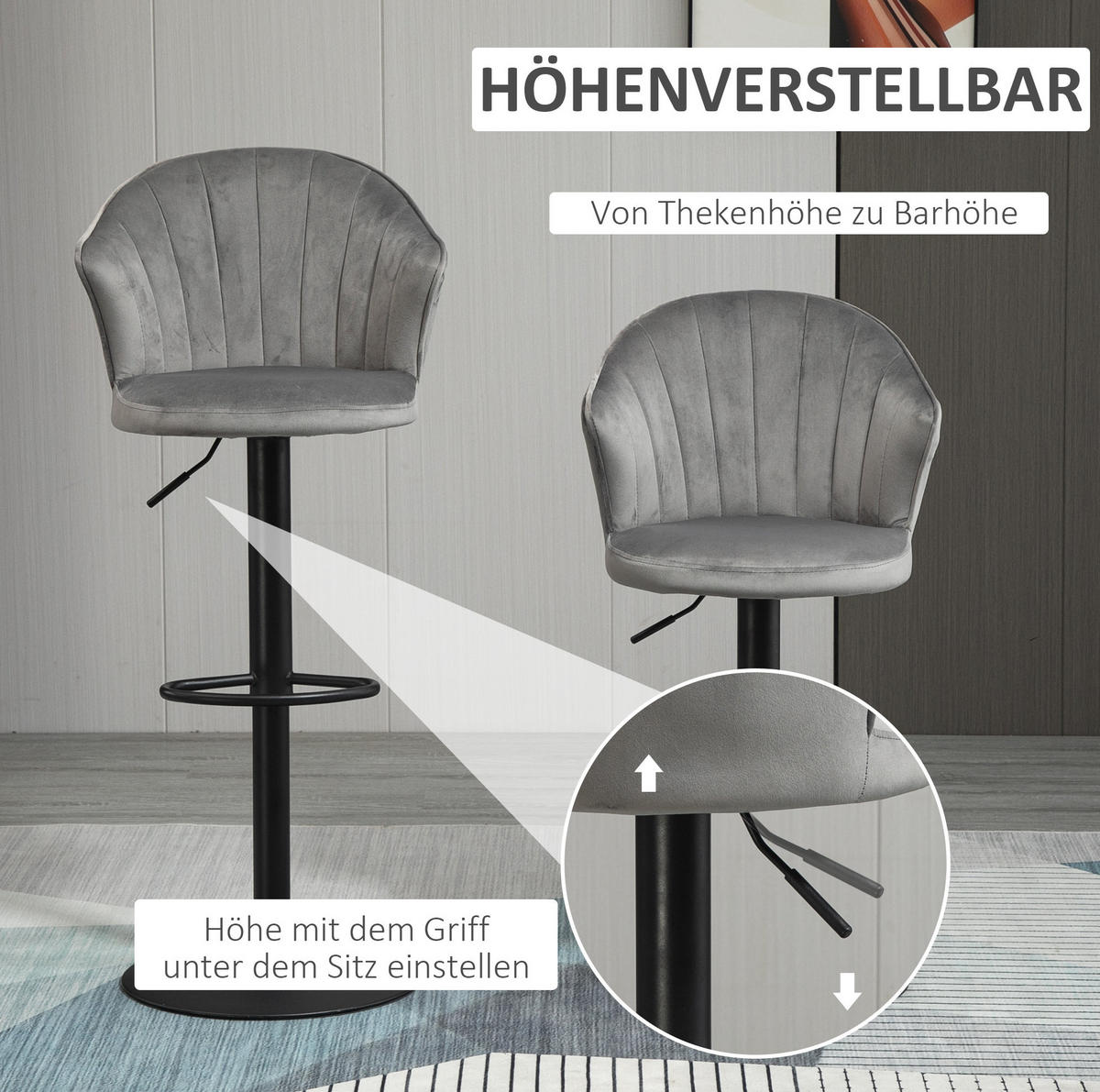 BARHOCKER 2er-Set höhenverstellbar drehbar Grau 54 x 56 x 91-111 cm - Grau, Metall (56/111/54cm) - Meubliv
