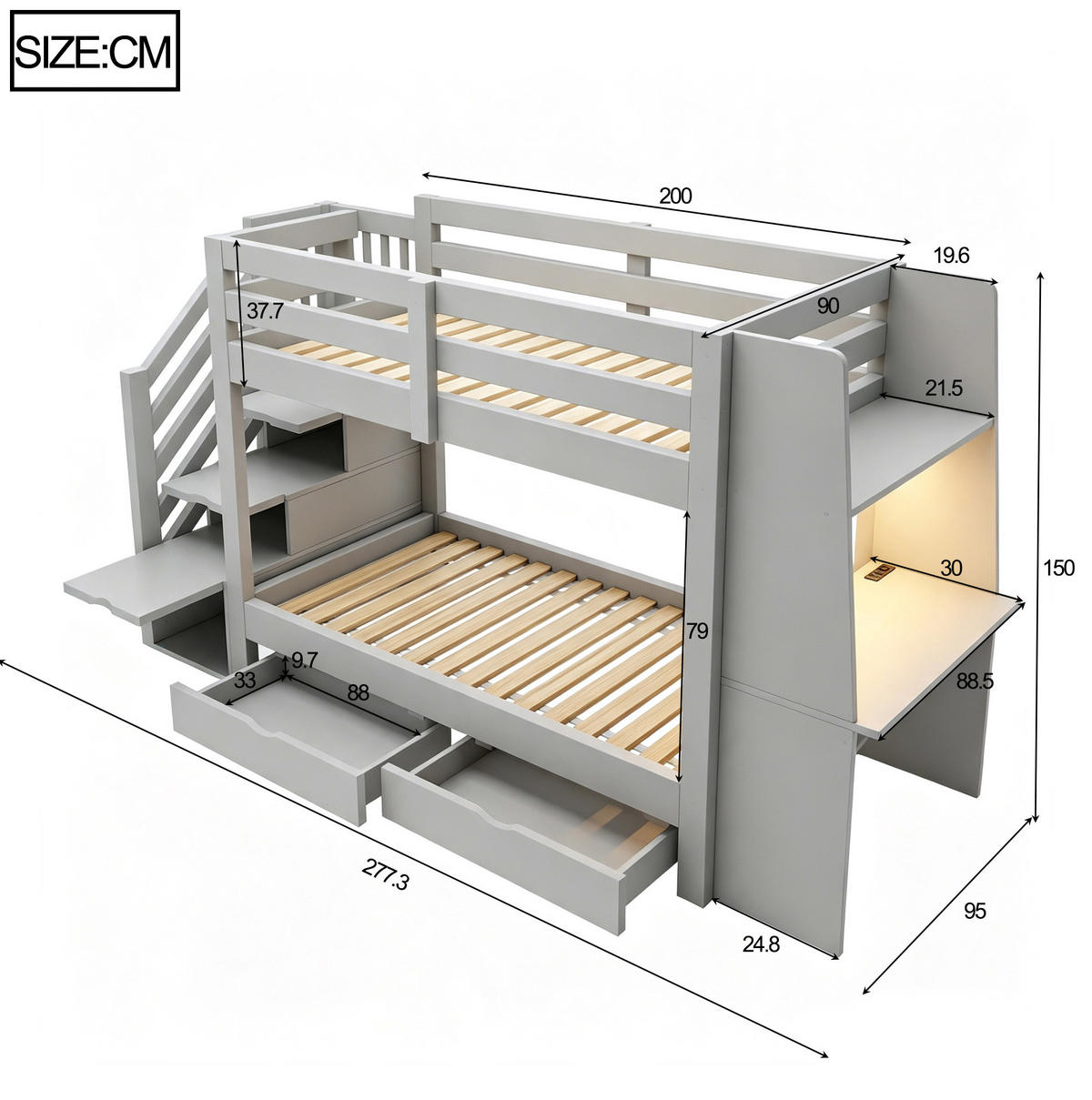 ETAGENBETT aus Holz 90x200 cm Grau mit Stauraumtreppe, Schreibtisch, LED und Steckdose - Grau, Holz (90/200cm) - Modfu