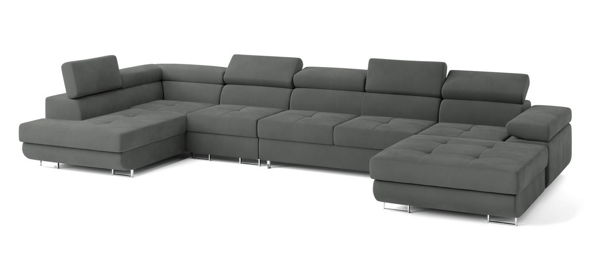 WOHNLANDSCHAFT VELORA L-S Grau Velours-Stoff mit Schlaffunktion - Grau, Holz (419/90/202cm) - MASSENO