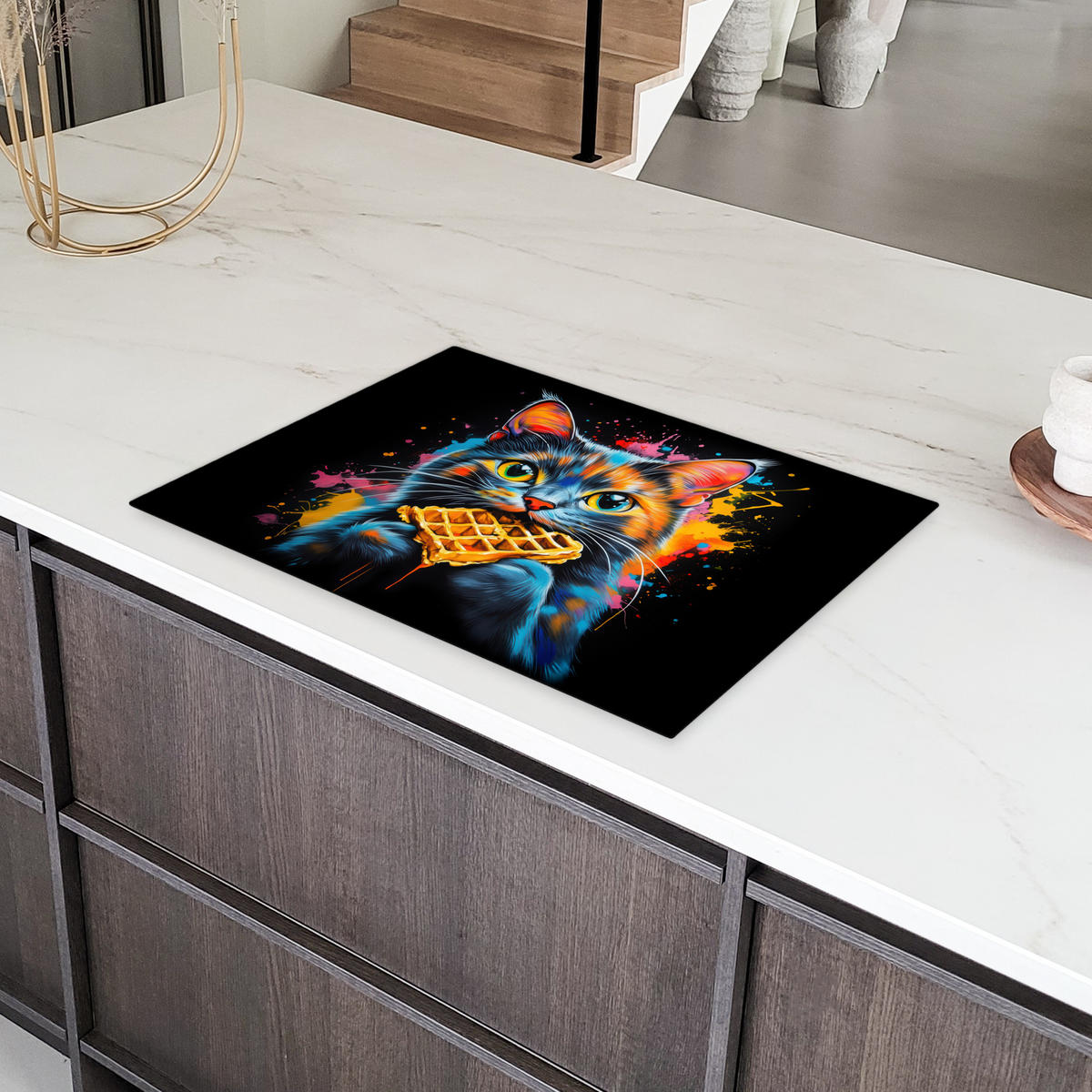 HERDABDECKPLATTE Katze - Graffiti - Bunt - Waffel - Essen Herdabdeckung Induktionsfeld 75x52 cm - Multicolor, Kunststoff (75/52/0.2cm) - MuchoWow