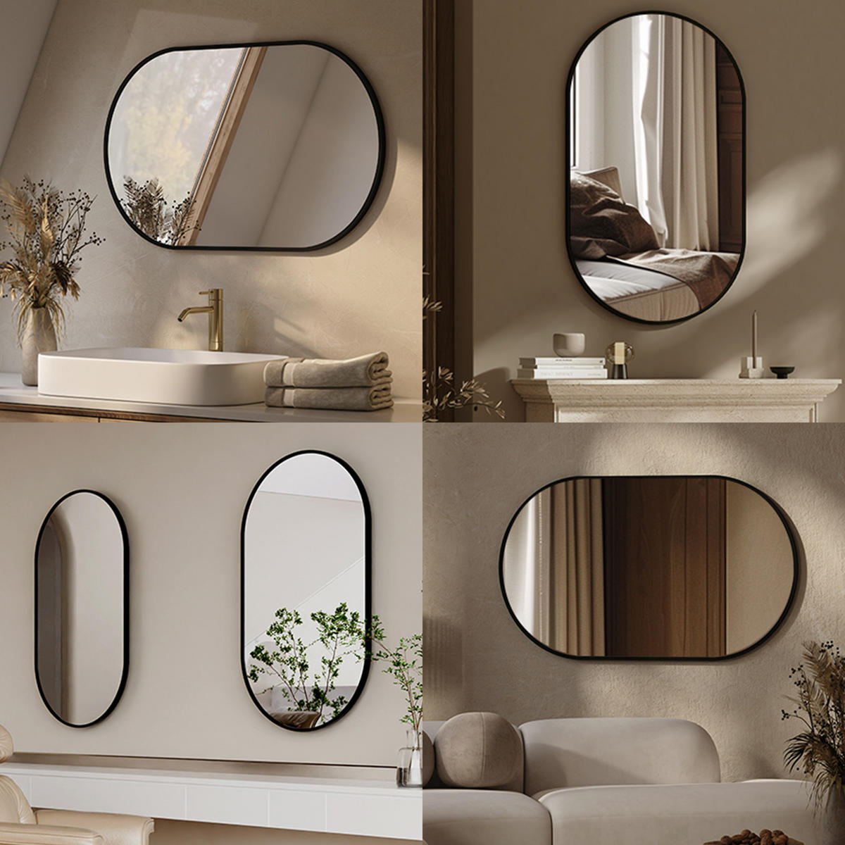 WANDSPIEGEL Umweltfreundlicher Glasspiegel Ovale Schwarz 60/45/2 cm - Schwarz, Glas/Metall (45/60/2cm) - EMKE