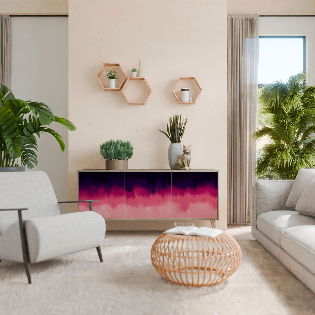 SIDEBOARD AURORA BOREALIS, Eicheneffekt, 164,5x42x77,5 cm, 3 Türen - Eichefarben/Buchefarben, Holzwerkstoff/Buchenholz (164.5/77.5/42cm) - SpaceRebels