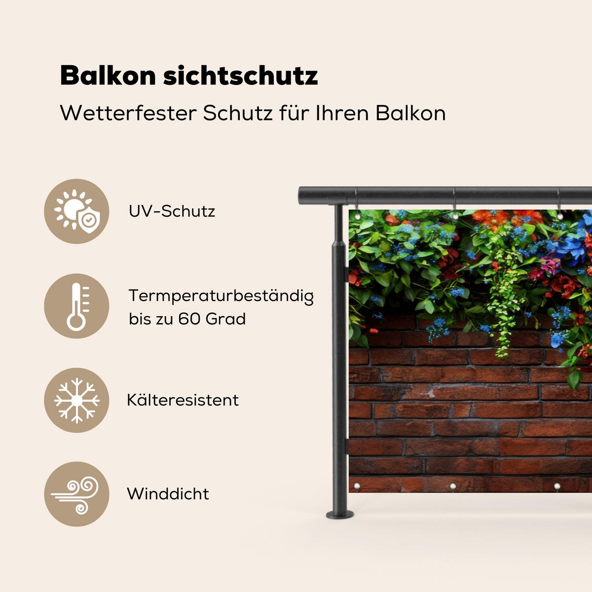 BALKON-SICHTSCHUTZ Blumen - Wand - Grün - Orange - Rotbraun, Kunststoff (300/120cm) - MuchoWow
