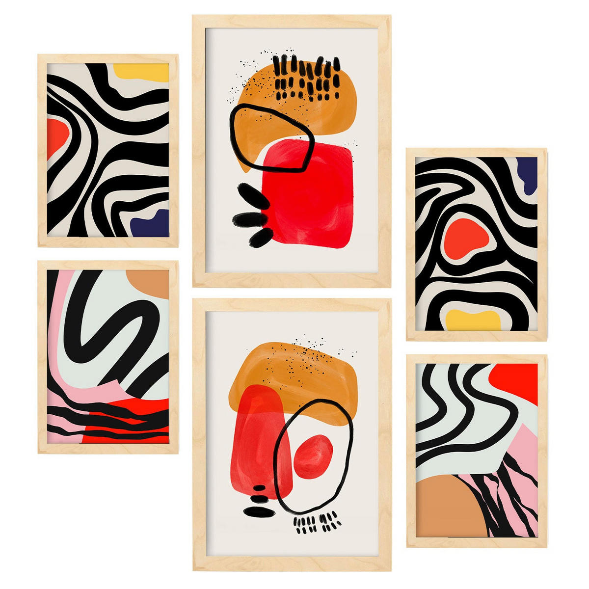 POSTER Set Mit 6 Jazzy Arts 1 In Farbenfrohe Zusammenfassungen A3 & A4 Rahmen Aus Hellem Holz - Beige, Papier (29/3cm) - Nacnic