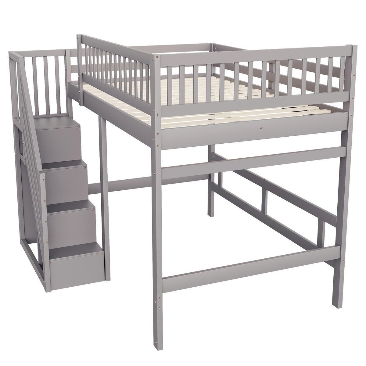 HOCHBETT 140/200 cm in Grau Kinderbett mit Aufbewahrungstreppe und Stauraum Massivholz Design - Grau, Holz (140/200cm) - STILVORA