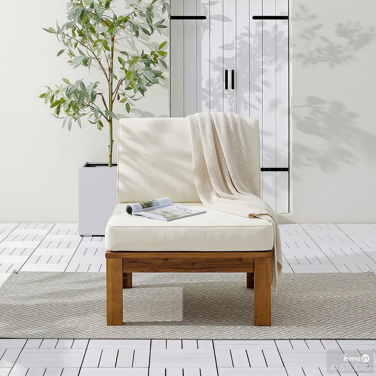 LOUNGESESSEL - Webstoff / Akazie massiv - Weiß, Holz/Textil (60/73/71cm) - home24