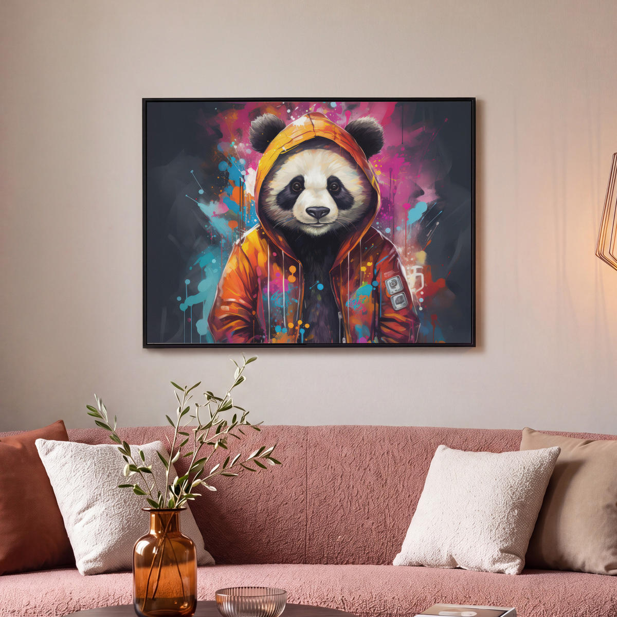 LEINWAND Bilder mit Rahmen - Panda - Jacke - Graffiti - Orange - 70x50 - Orange, Textil (70/50cm) - MuchoWow