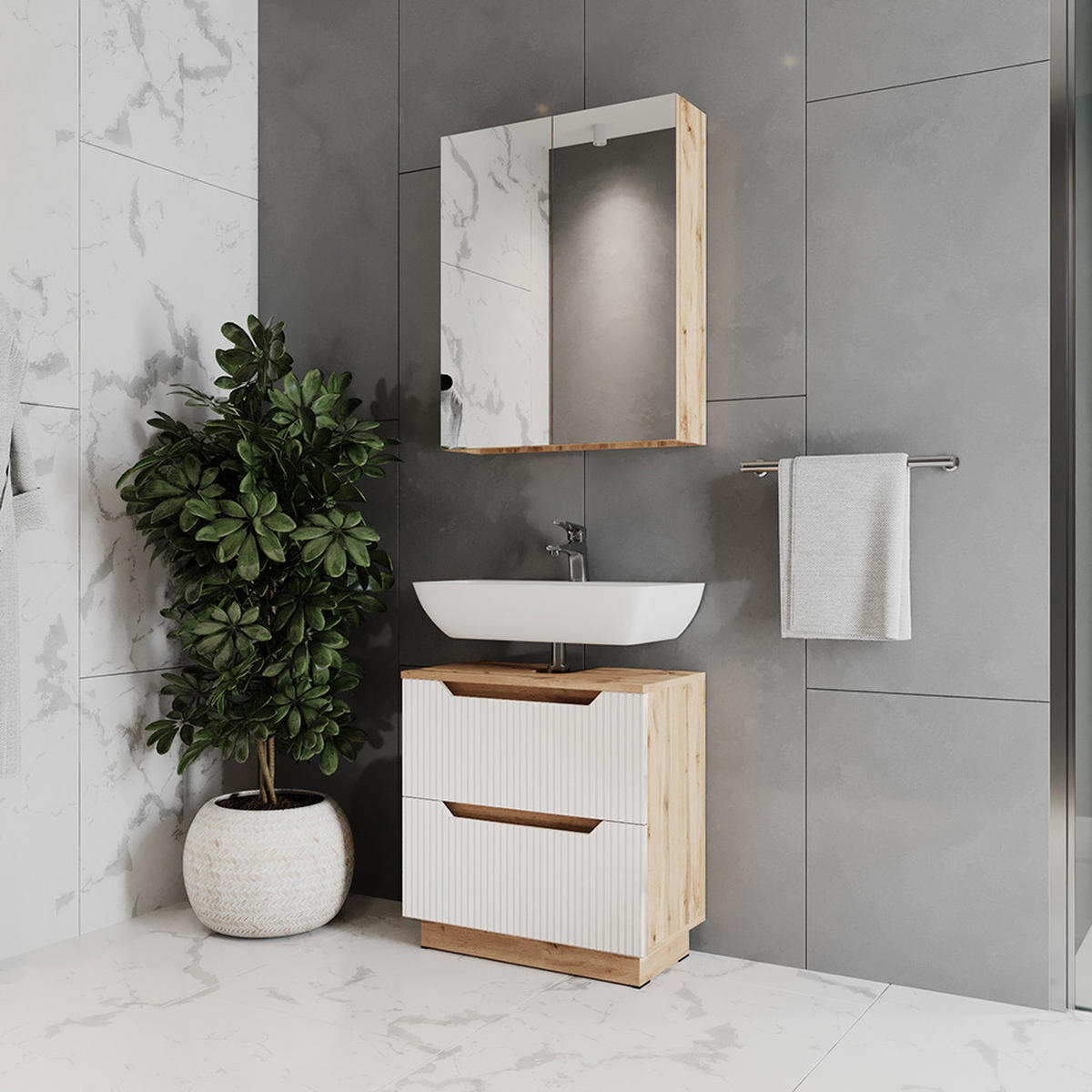 KOUPELNOVÝ NÁBYTEK Lotta Dub/bílý pruhovaný - bílá/barva dubu, kompozitní dřevo (59.8/62.5/32cm) - Vicco