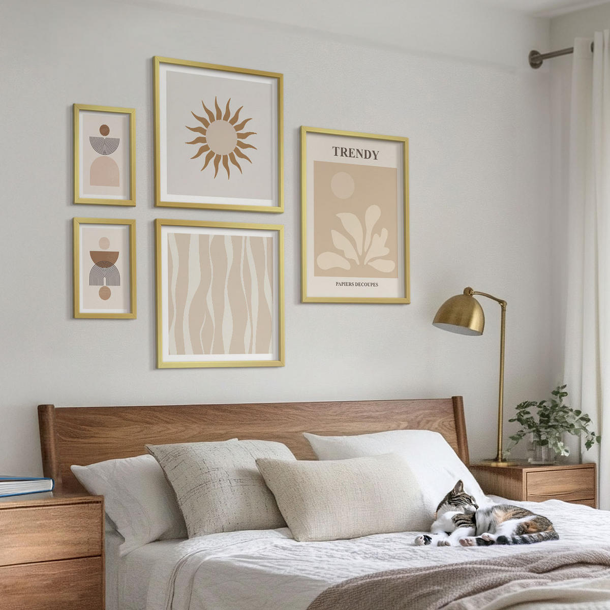 WANDBILDER 5er Set - 50x50 cm & 20x30 cm & 40x60 cm Goldrahmen - Stilvolle abstrakte Beigetöne - Goldfarben, Kunststoff (40/60cm) - ArtPrintCave