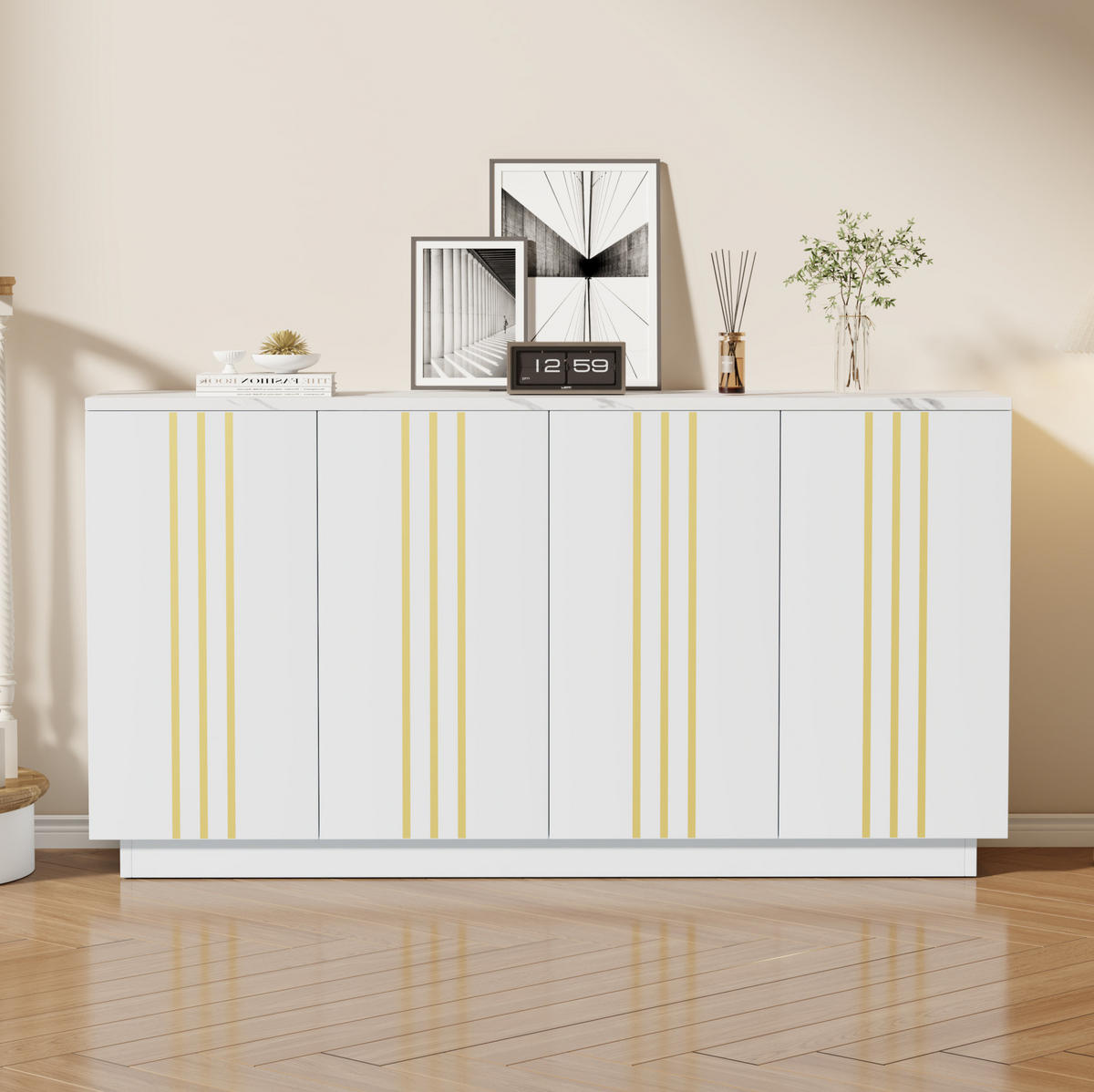 SIDEBOARD 140/35/70 cm weiß-gold aus Spanplatte mit 4 Türen - Weiß, Holzwerkstoff (140/70/35cm) - OKWISH