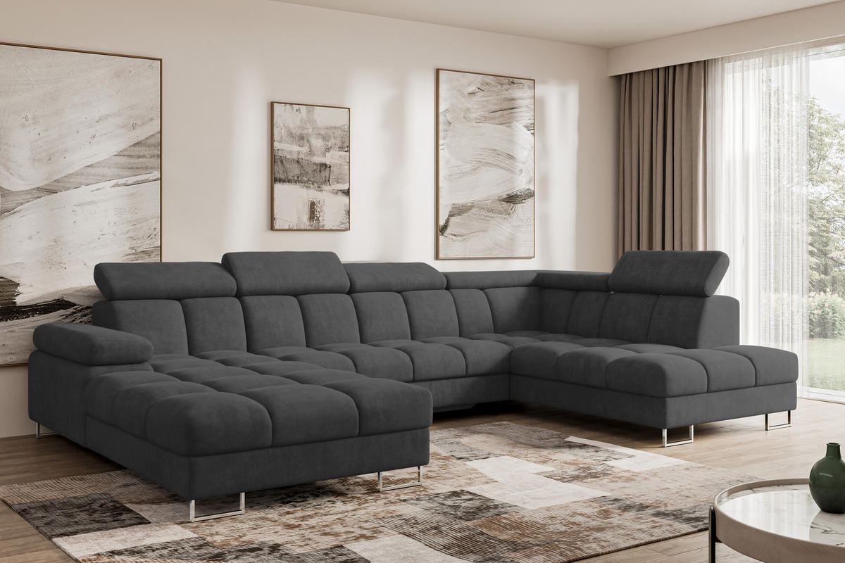 WOHNLANDSCHAFT mit Schlaffunktion und Bettkasten Ottomane RECHTS COMA U 345x203x79 Dunkelgrau Velours - Dunkelgrau, Holzwerkstoff/Textil (203/79/345cm) - ALTDECOR