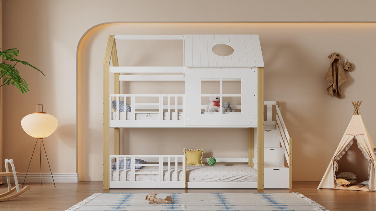 ETAGENBETT 90x200 cm Haus Treppe weiß - Weiß, Holz (90/200cm) - LEBENLANG