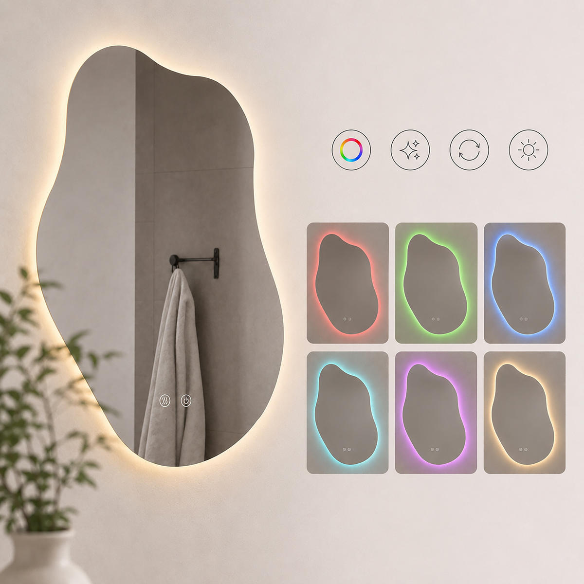 BADSPIEGEL Silber LED Anti-Beschlag Touch 80x52 cm - Transparent, Glas/Kunststoff (52/80/3cm) - Relaxdays