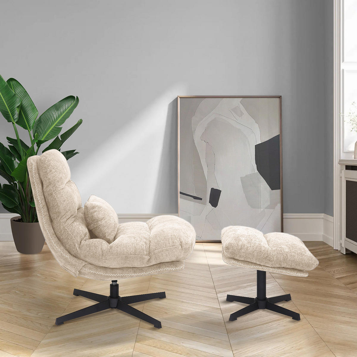 RELAXSESSEL - Chenille - Beige/Schwarz, Textil/Metall (84/88/94cm) - home24