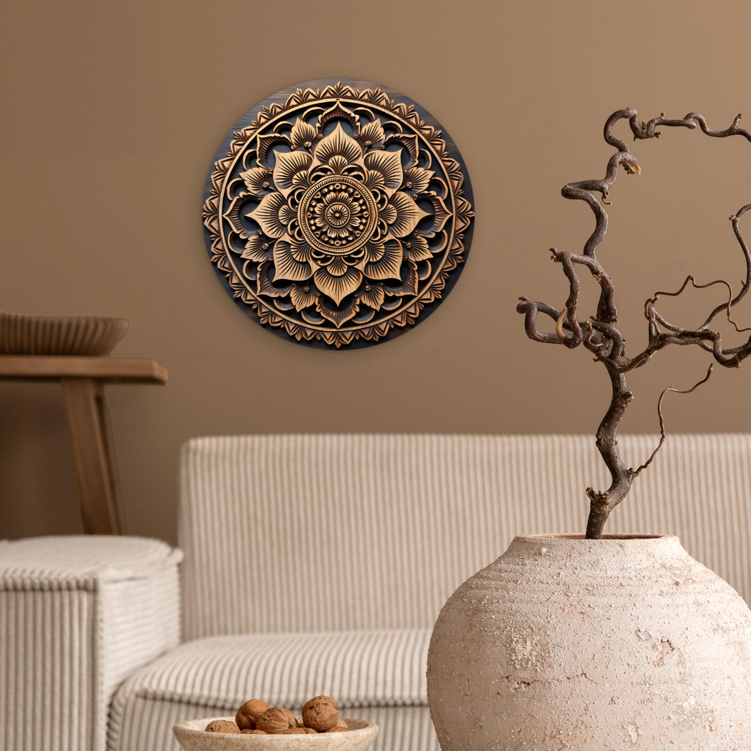 WANDBILD Mandala - Holz - Blumen - Braun 30x30 cm - Gelb, Kunststoff (30/30cm) - MuchoWow