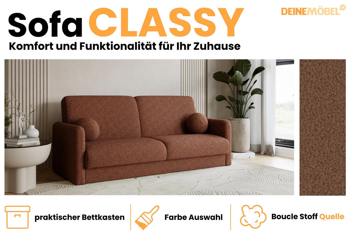SOFA CLASSY 214cm breit in Boucle Braun - Braun, Holz/Holzwerkstoff (214/93/100cm) - Deine Möbel 24