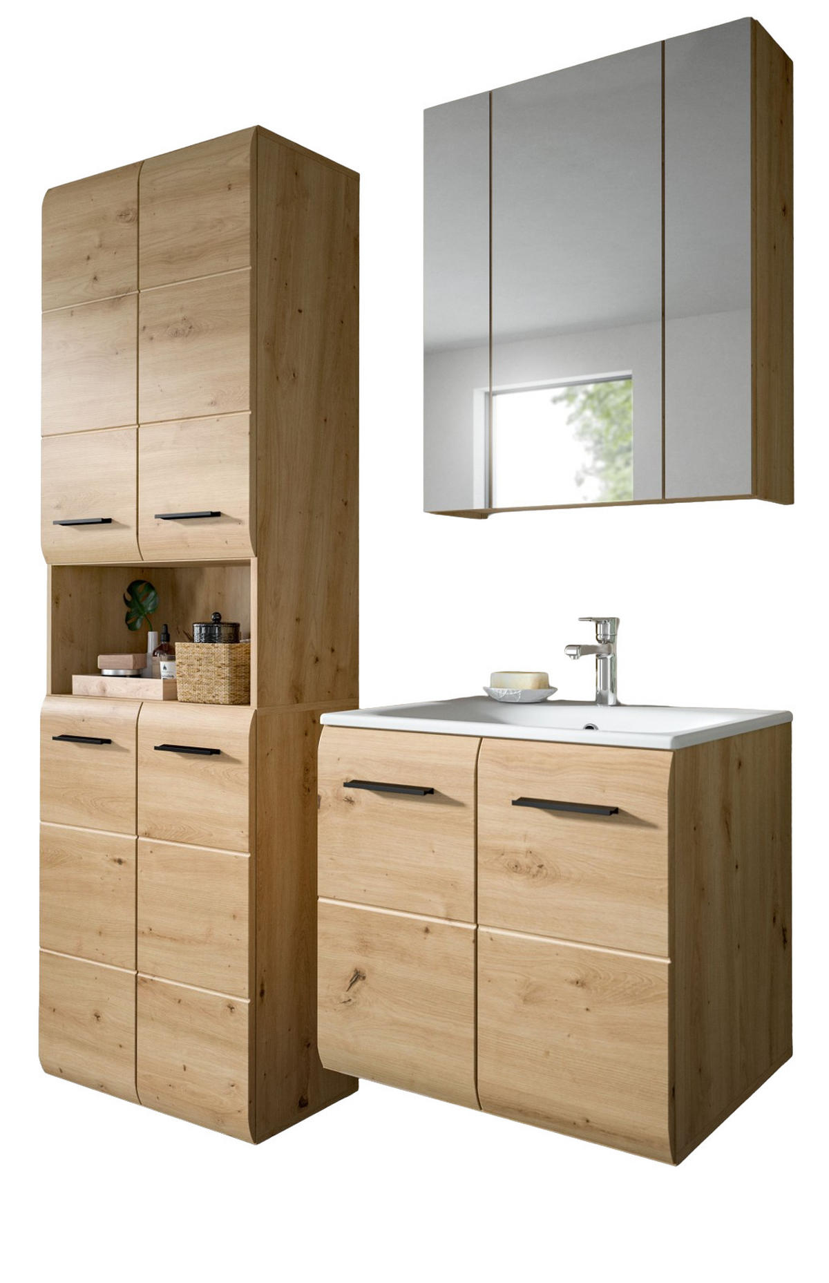 BADMÖBEL-SET Eiche Artisan 3-teilig, Badkombination 135 cm inklusive Waschbecken, Cover - Schwarz/Eiche Artisan, Glas/Keramik (135/185/46cm) - Inn.Furn