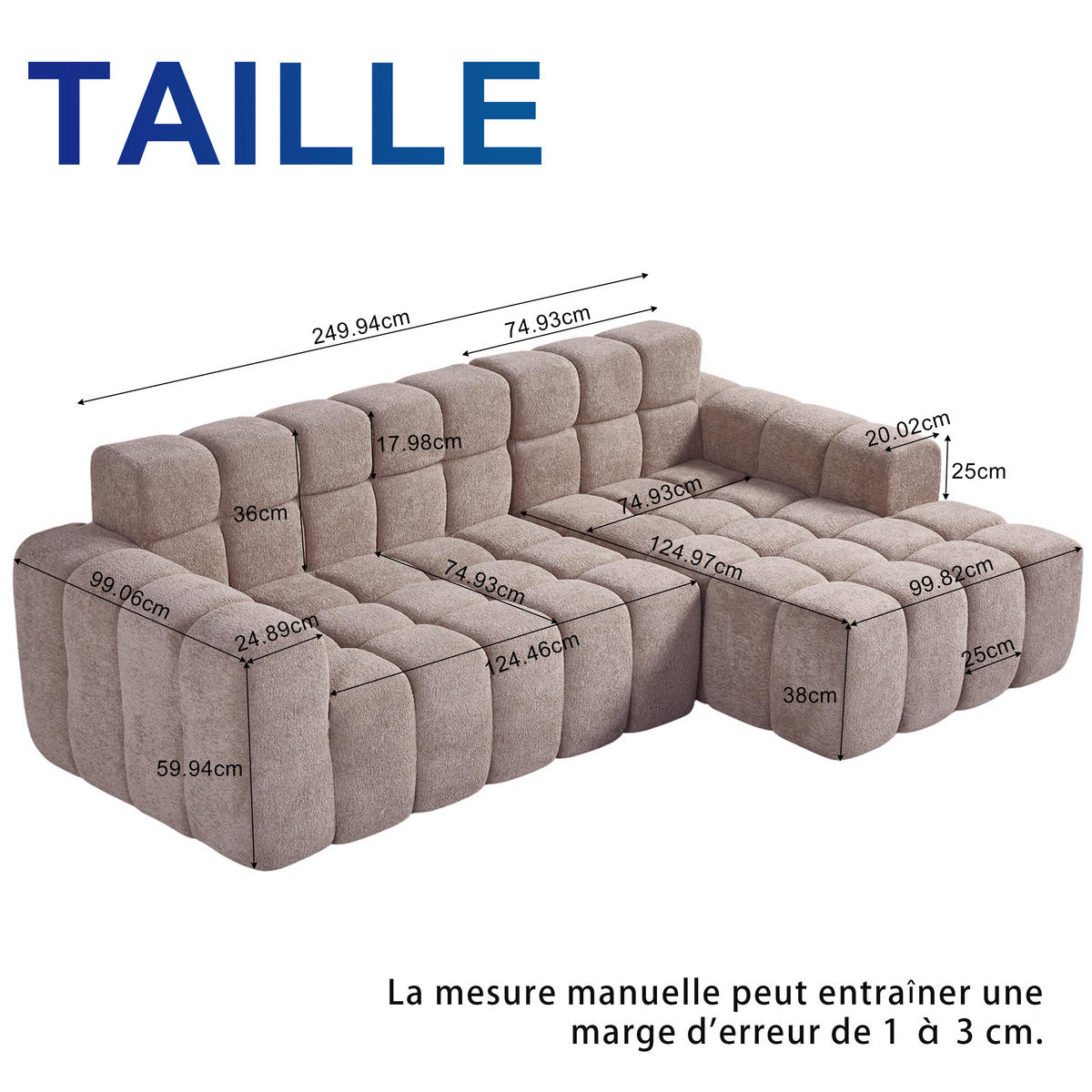 ECKSOFA modular 250/150/65 cm Khaki aus Velours mit Chaise Longue, L-Form - Sandfarben, Textil (150/250cm) - MIVRAY