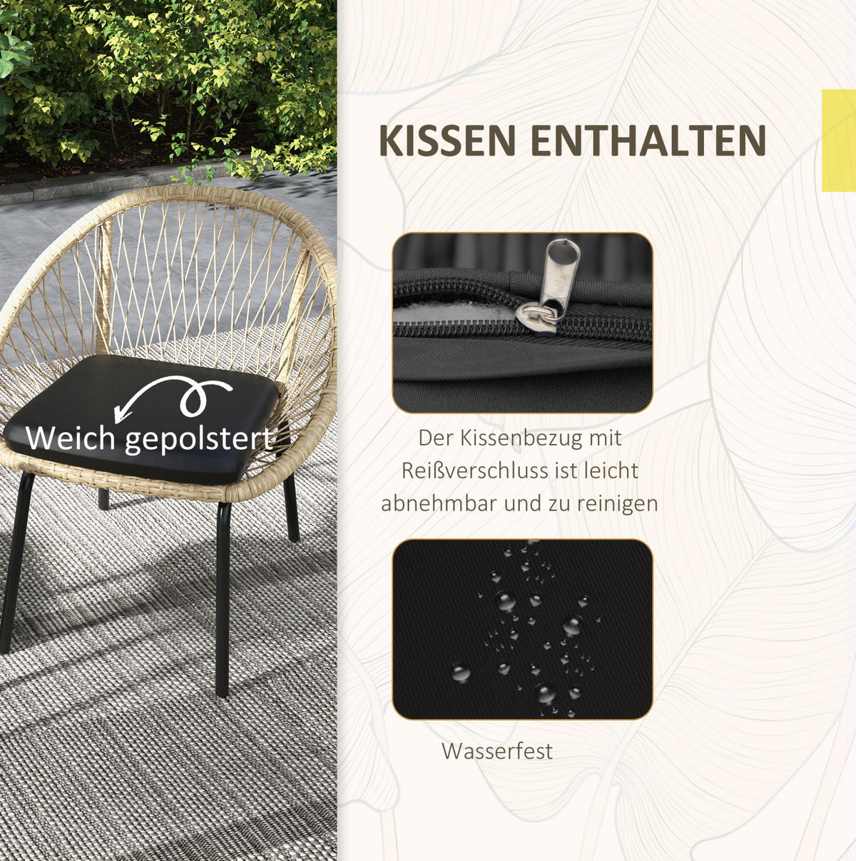 BALKONSET Ø40×45cm Rattan mit Kissen und Tisch Stahlplatte - Gelb, Naturmaterialien - Modfu