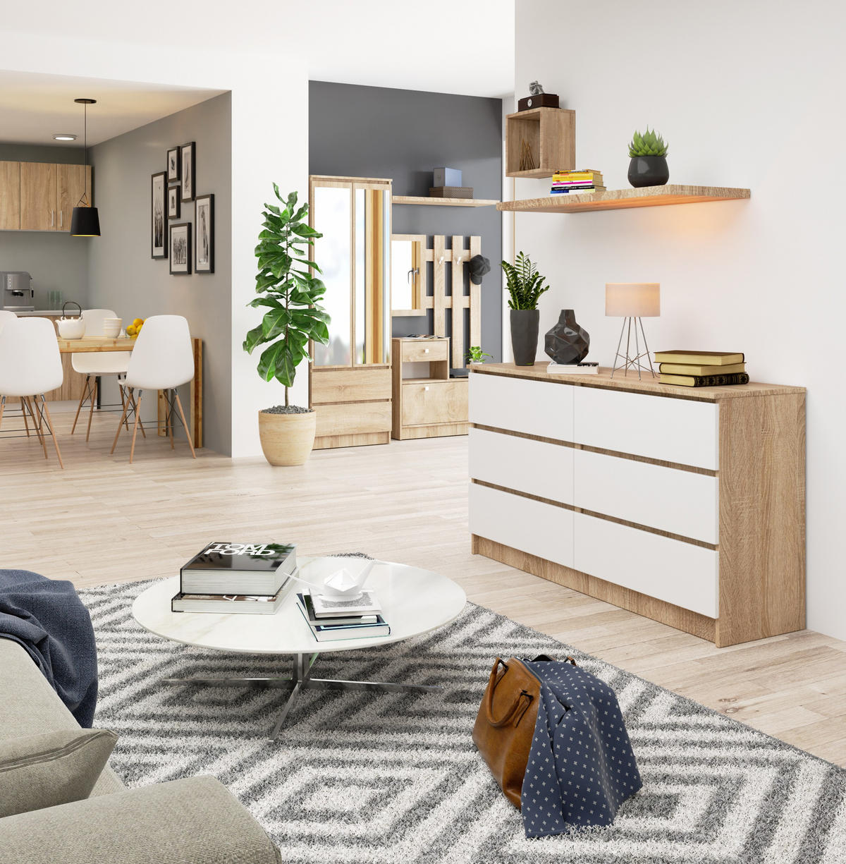 KOMMODE Sonoma Eiche, Weiß 138x40x77 cm - Weiß/Sonoma Eiche, Holzwerkstoff (138/77/40cm) - Akord