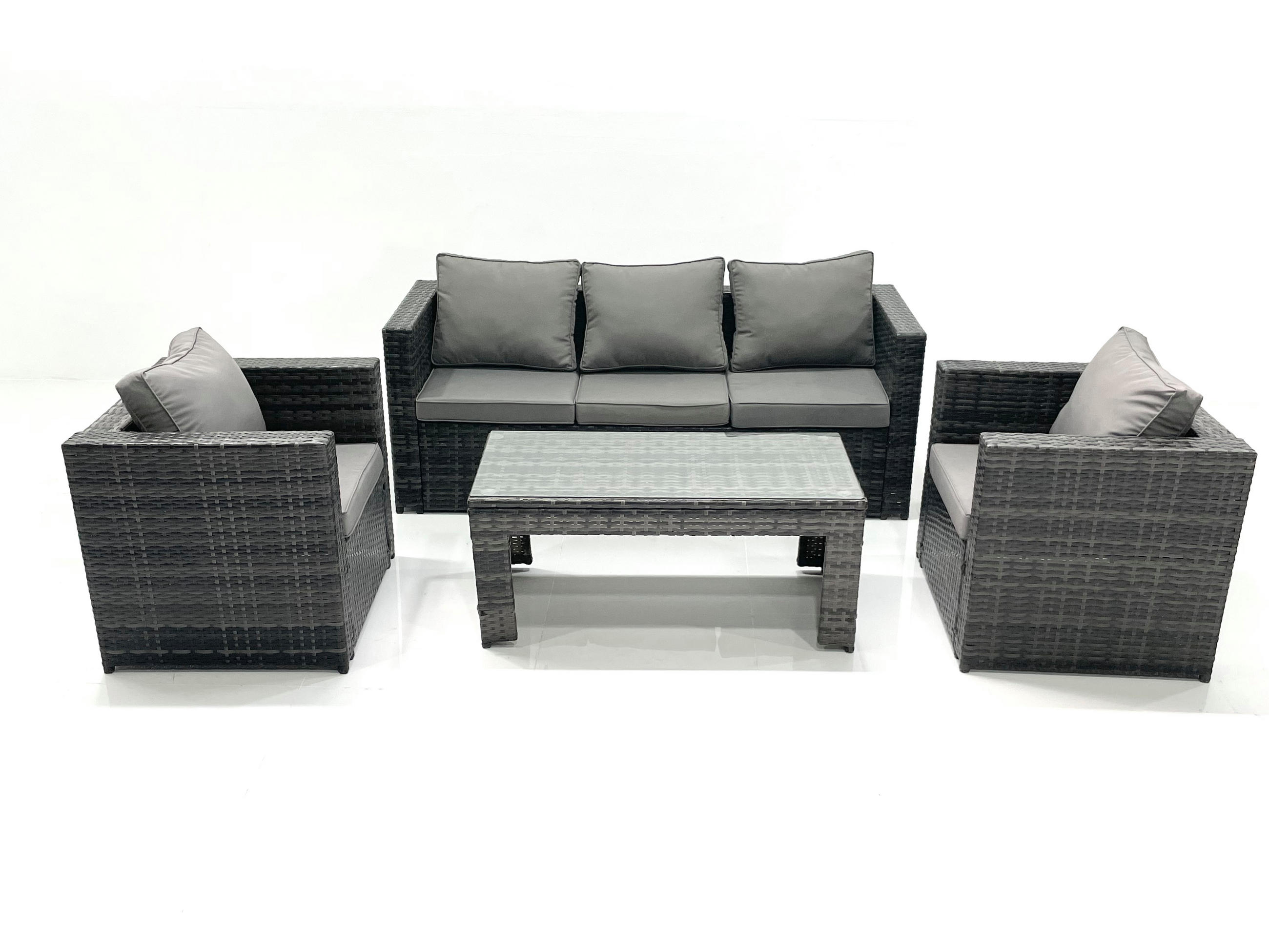 GARTENMÖBEL-SET COUCHTISCH SESSEL SOFA mit HOCKER Polyrattan Dunkelgrau Gemischt 5-Sitzer - Dunkelgrau/Grau, Glas/Kunststoff - Fimous