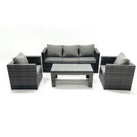 GARTENMÖBEL-SET COUCHTISCH SESSEL SOFA mit HOCKER Polyrattan Dunkelgrau Gemischt 5-Sitzer - Dunkelgrau/Grau, Glas/Kunststoff - Fimous